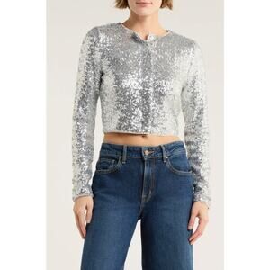 Good American Cluster Sequin Crop Cardigan Metallic Silver Top Size Medium NWT